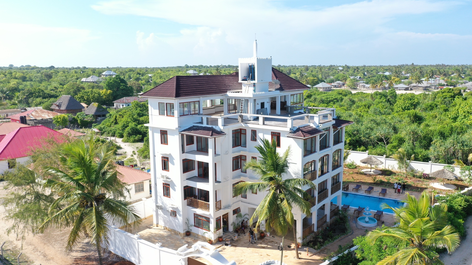 Aerial view of Zanoceanique Hotel and its pool on Matemwe Beach, Zanzibar